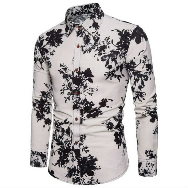 KLJR Men Lapel Long Sleeve Fitted Floral Print Button up Dress Shirts 